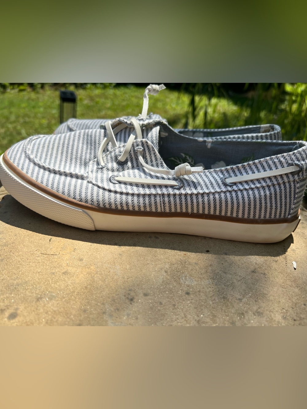 Tommy Bahama Striped Canvas Boat Shoes in White and Navy